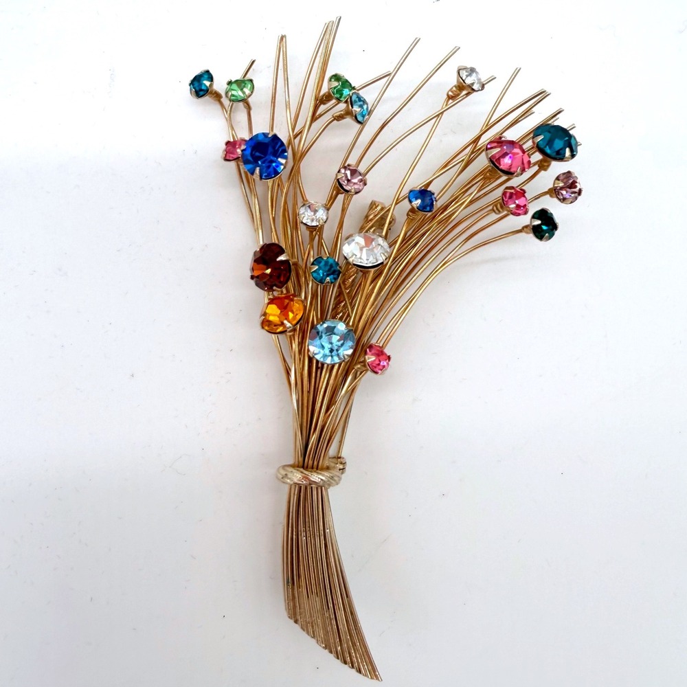 Vintage 1960s Rhinestone‎ Spray Brooch Multicolor Gold Tone Mid Century